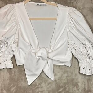 Zara White Tie Front Blouse Crochet Sleeve Puff Sleeve Top Small